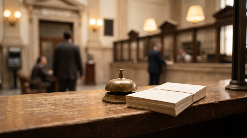 Bank counter ledge with a bell and forms, representing the offshore banking application process