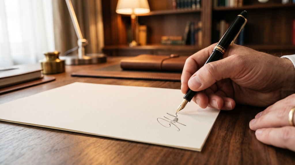 Hand signing a legal document with a fountain pen, representing choosing a UAE mainland structure