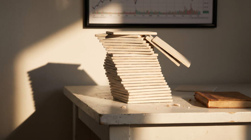 A leaning stack of tiles about to topple, representing accumulating UAE tax penalties