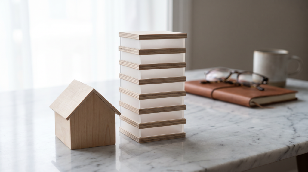 Small house and taller stacked model on a desk, representing two mainland legal structures