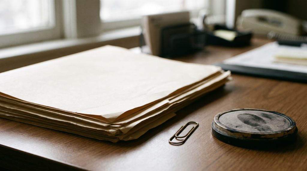 Stack of folders with a fingerprint ink pad, representing offshore banking due diligence documentation