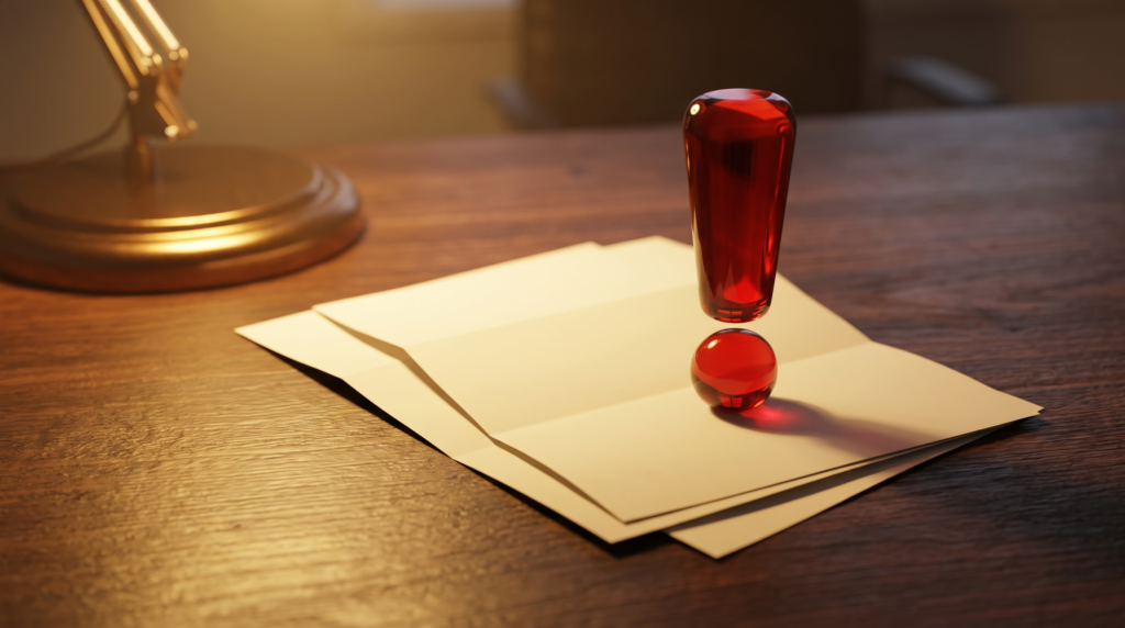 Red exclamation-mark paperweight on a stack of blank invoices, representing accumulating tax penalties