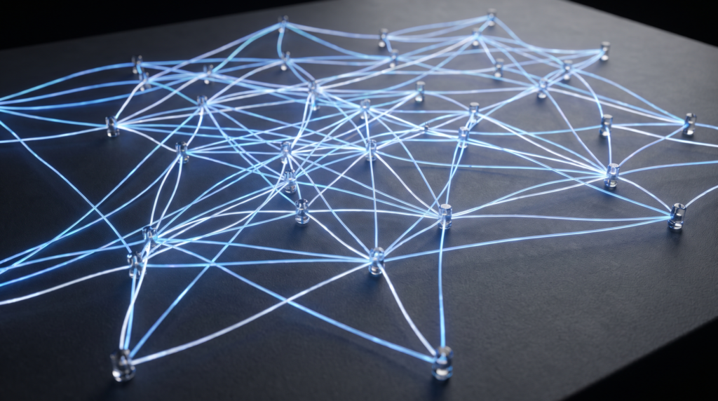 Glowing network of connected nodes, representing the e-invoicing data exchange network
