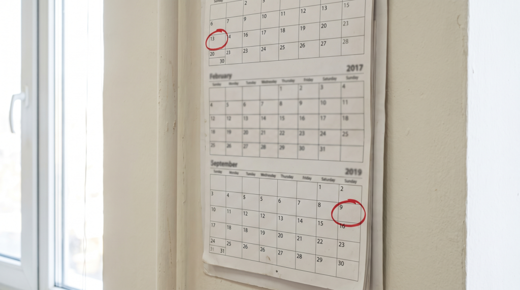 Wall calendar with two dates circled two months apart, representing the Emiratisation grace period