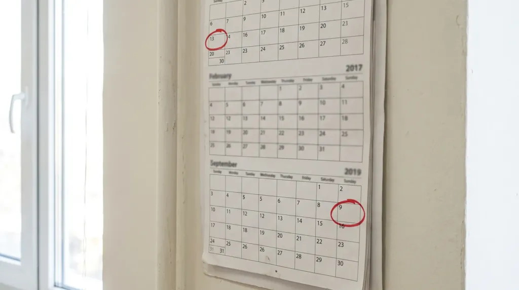 Wall calendar with two dates circled two months apart, representing the Emiratisation grace period