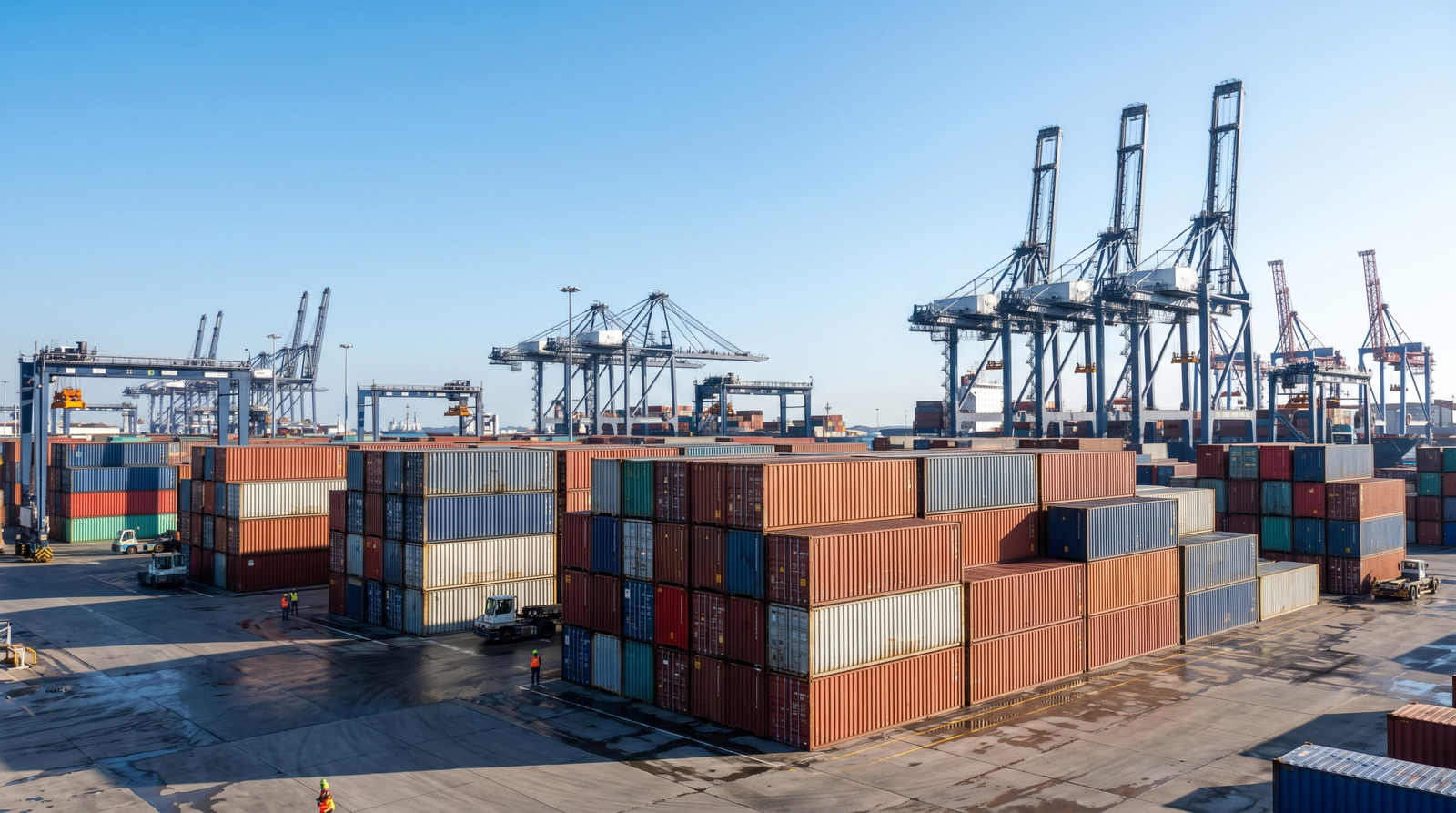 Stacked shipping containers at a sea port