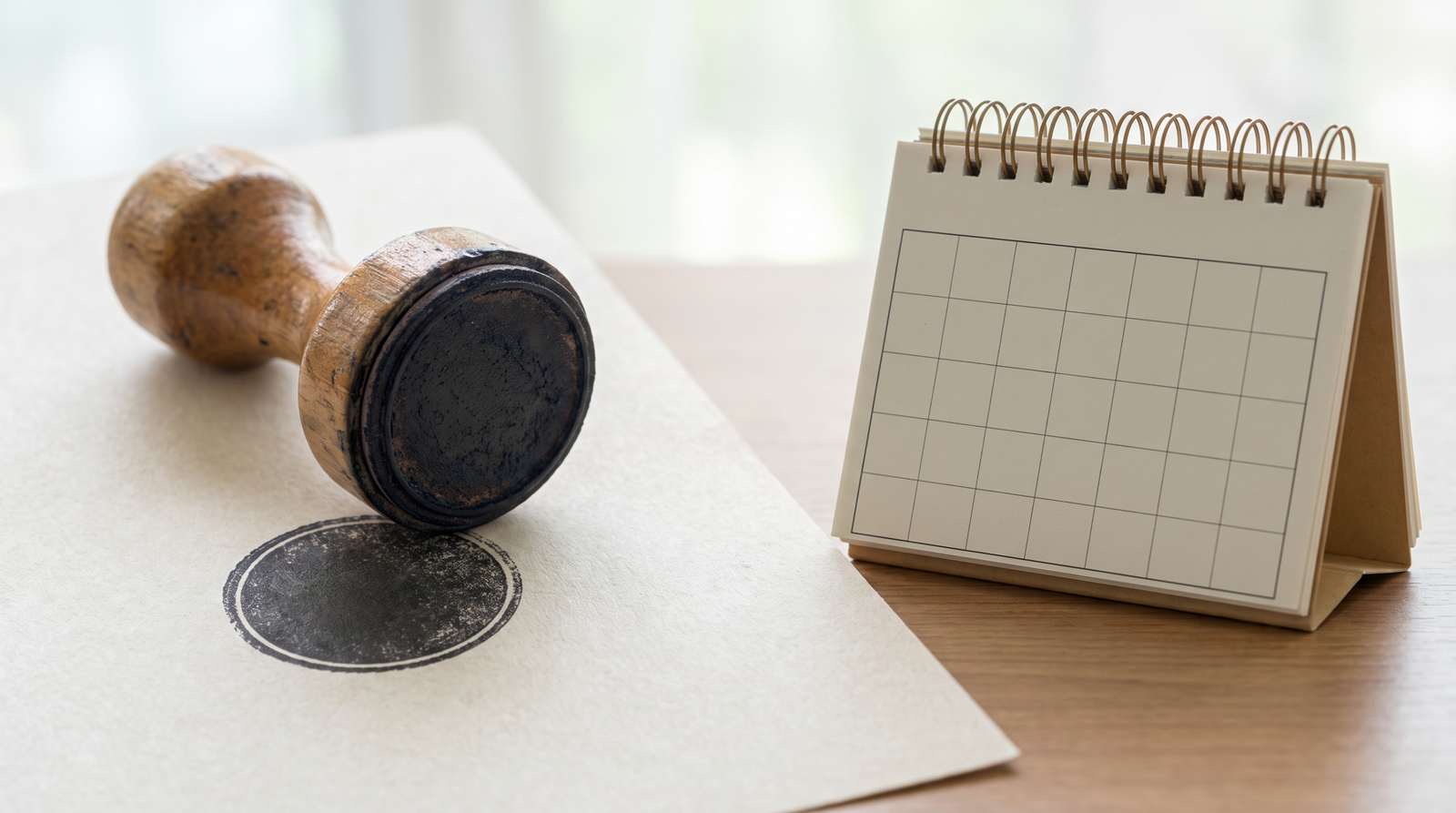 Rubber stamp pressed onto a document next to a calendar