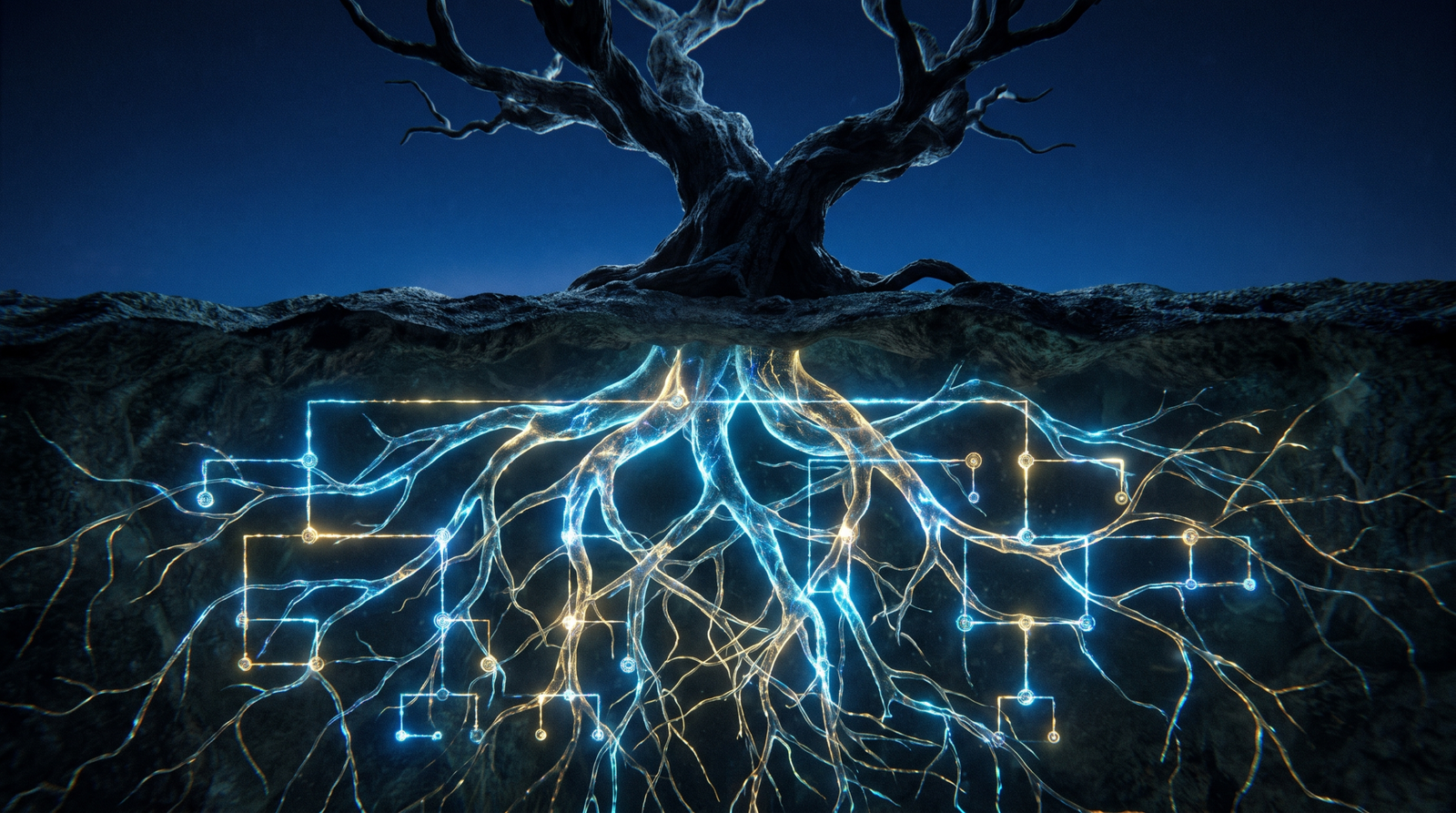 Tree with a glowing root network