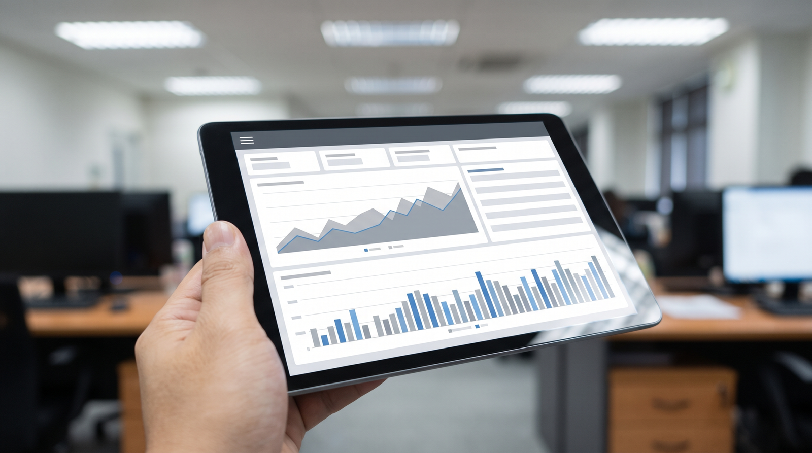 Hand holding a tablet showing a financial dashboard