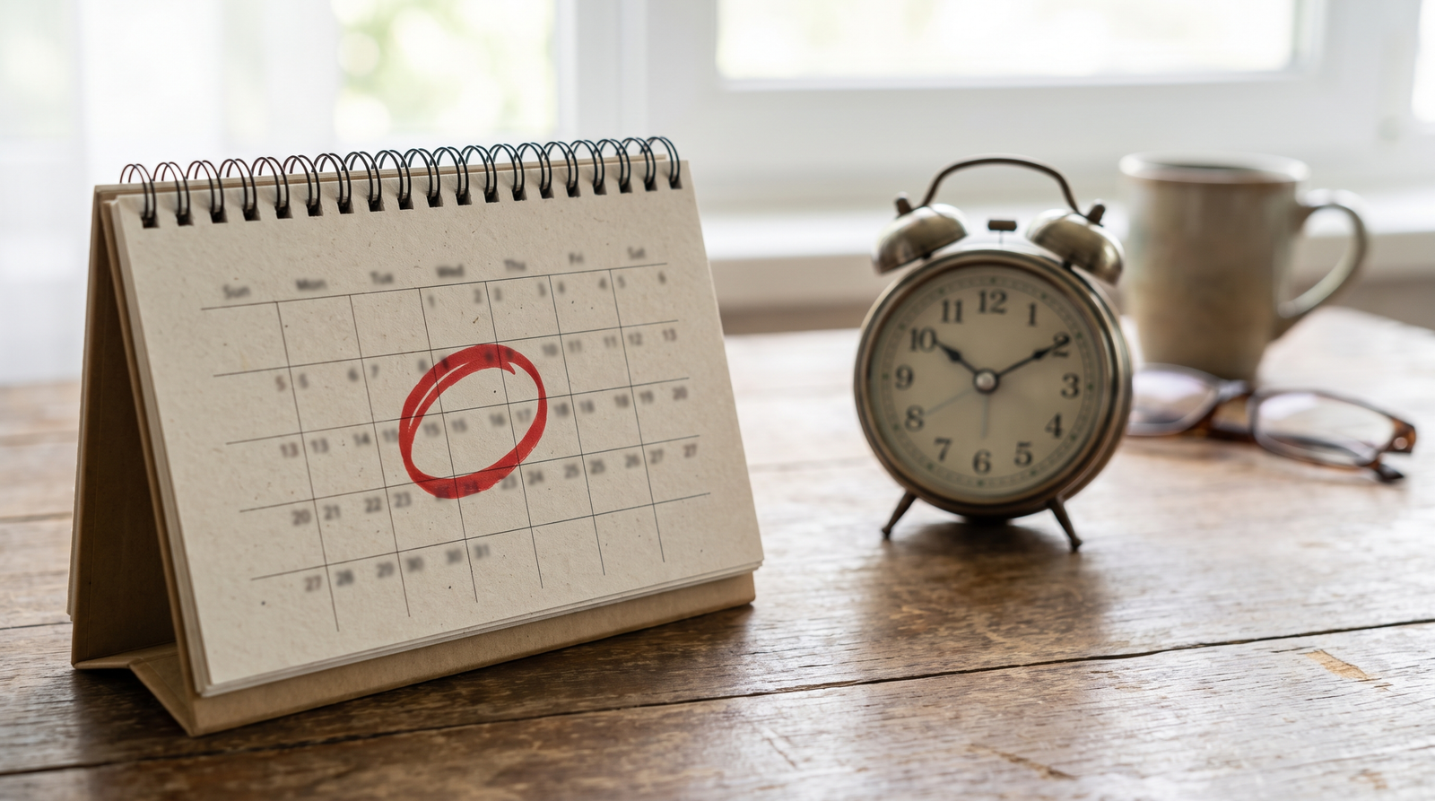Desk calendar with a marked date and alarm clock