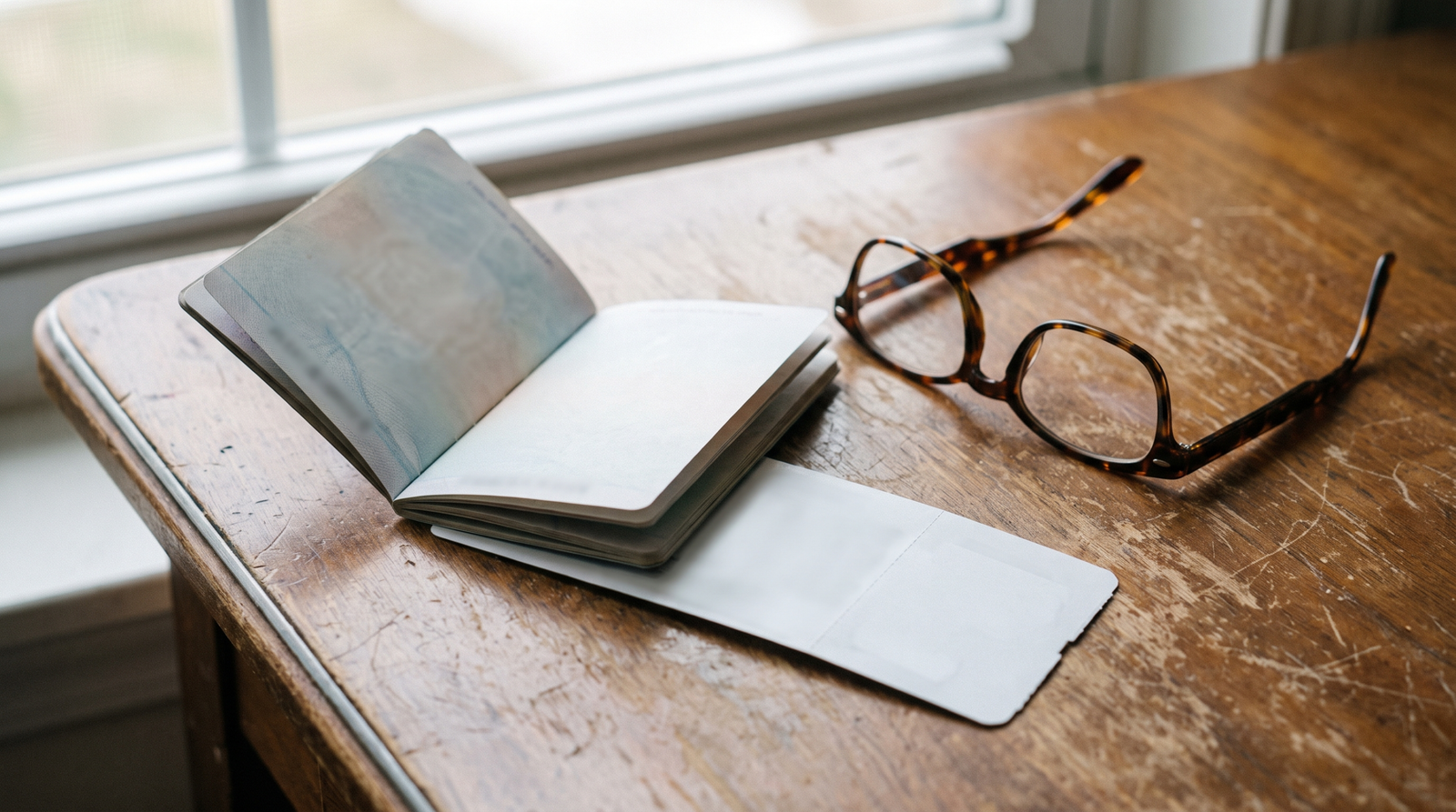 Passport and boarding pass on a desk