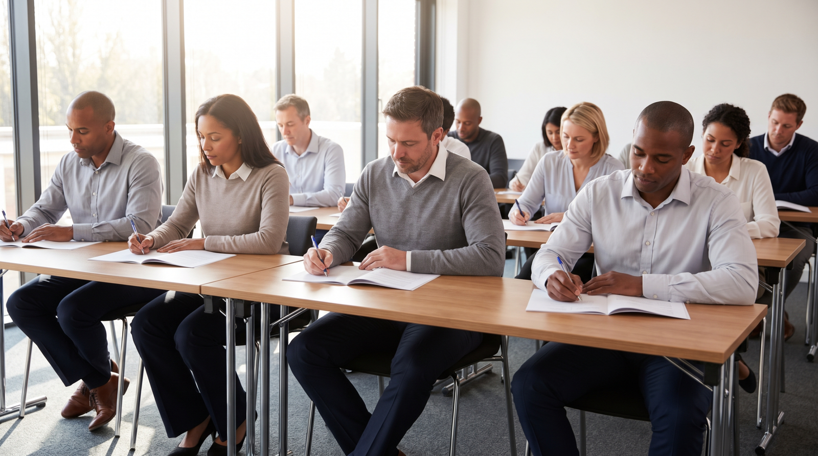 Adults taking a written exam in a classroom