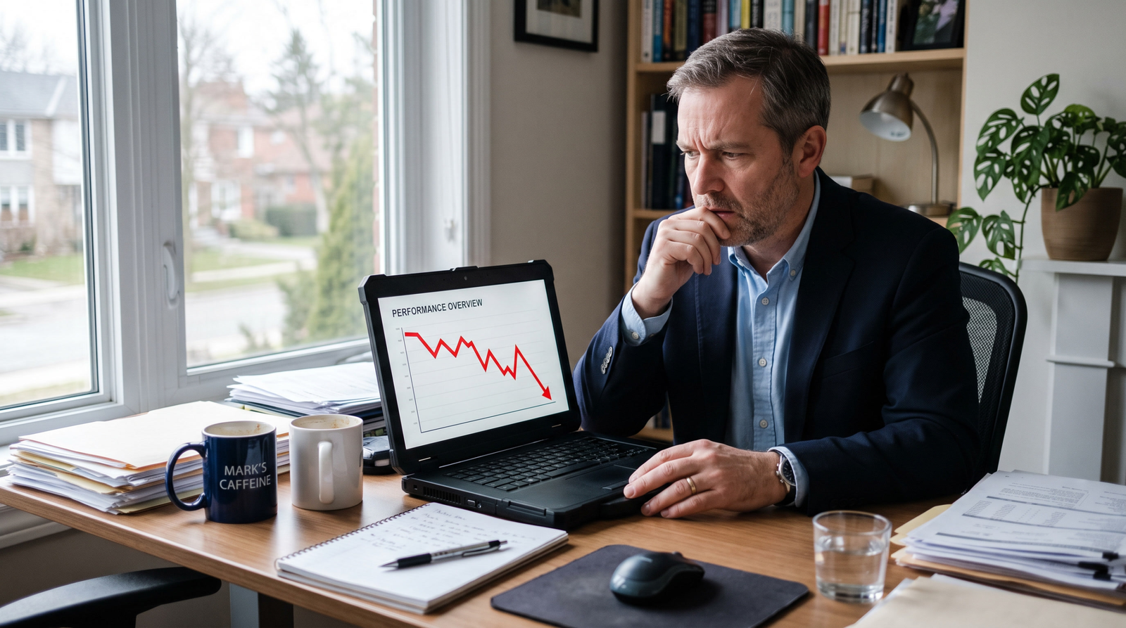 Concerned business owner looking at a declining chart