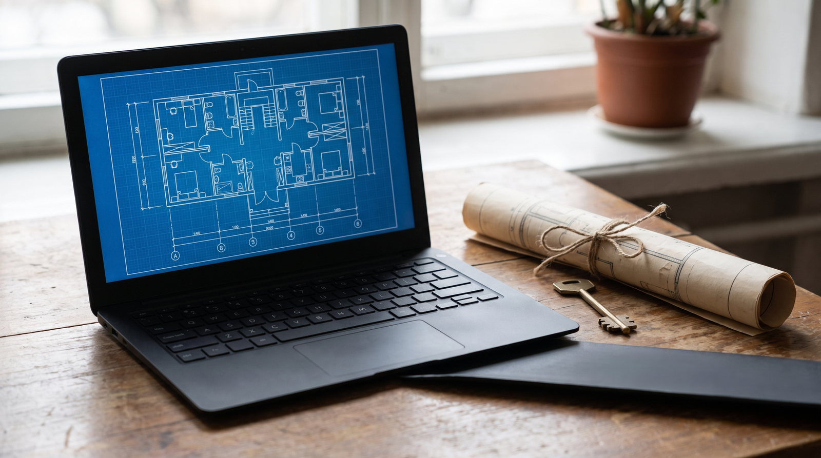 Laptop displaying an architectural blueprint