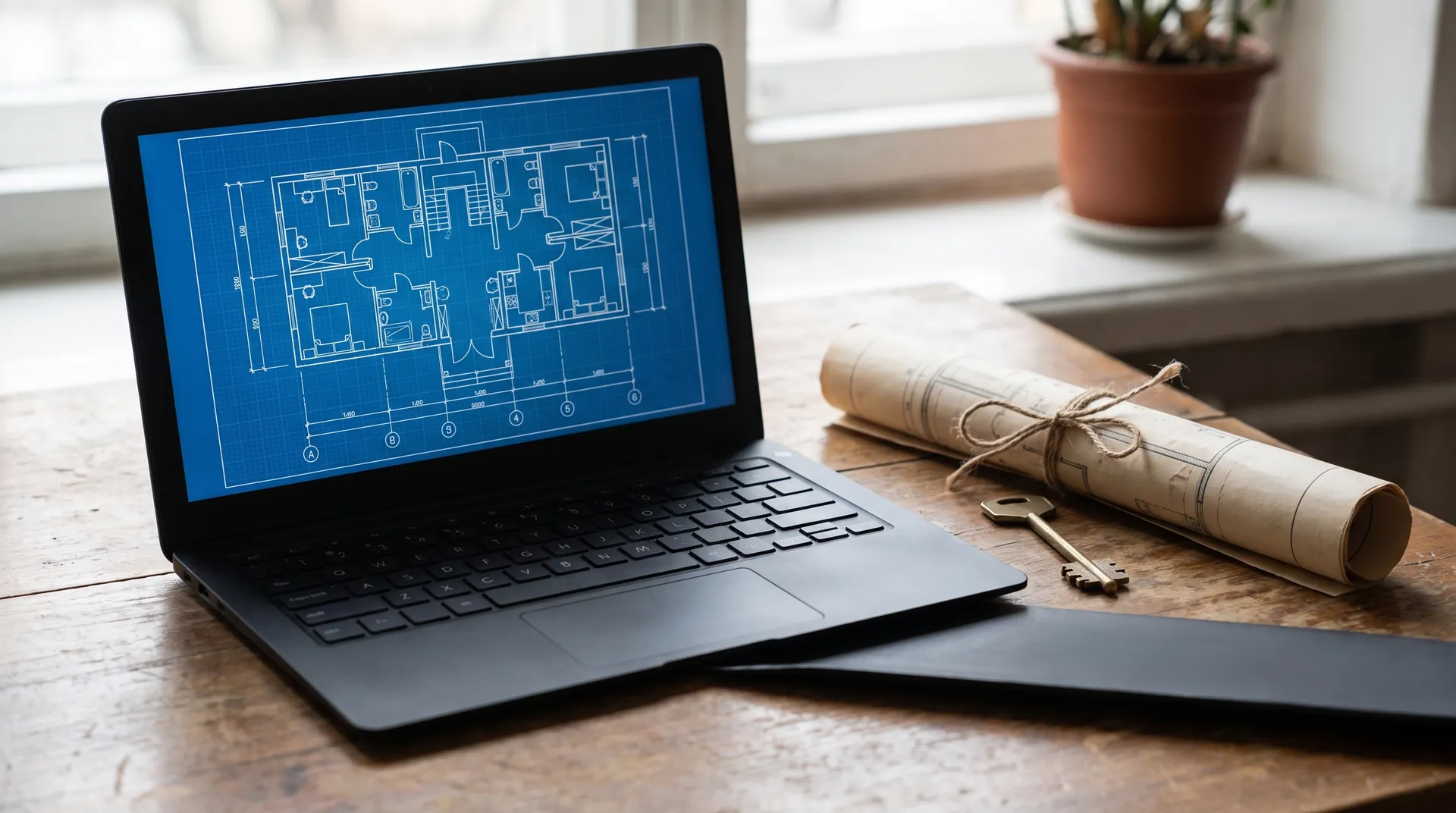 Laptop displaying an architectural blueprint