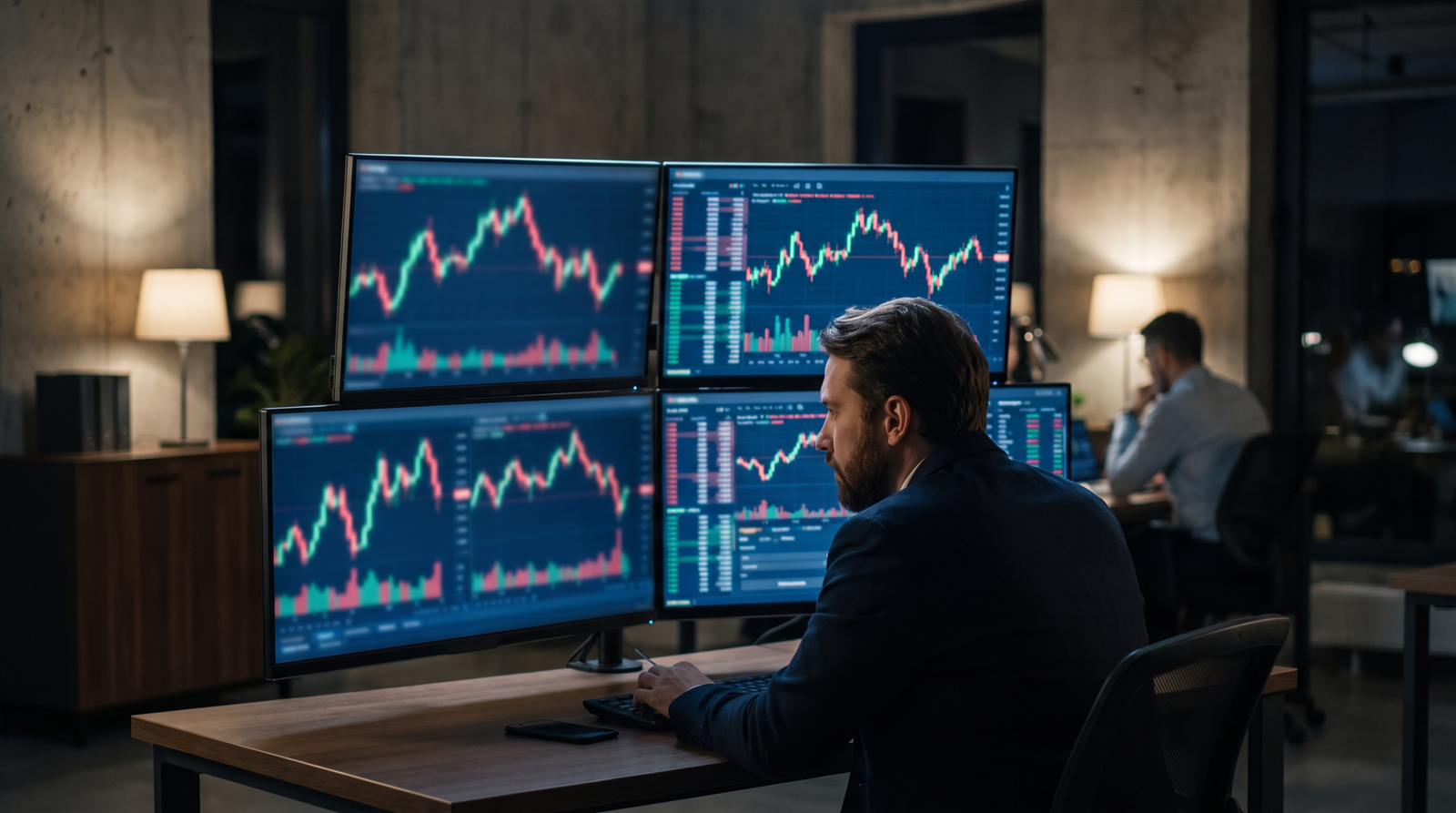 Trader looking at monitors with trading charts