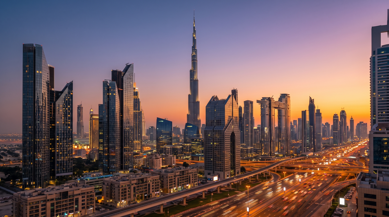 Dubai skyline with Burj Khalifa at dusk