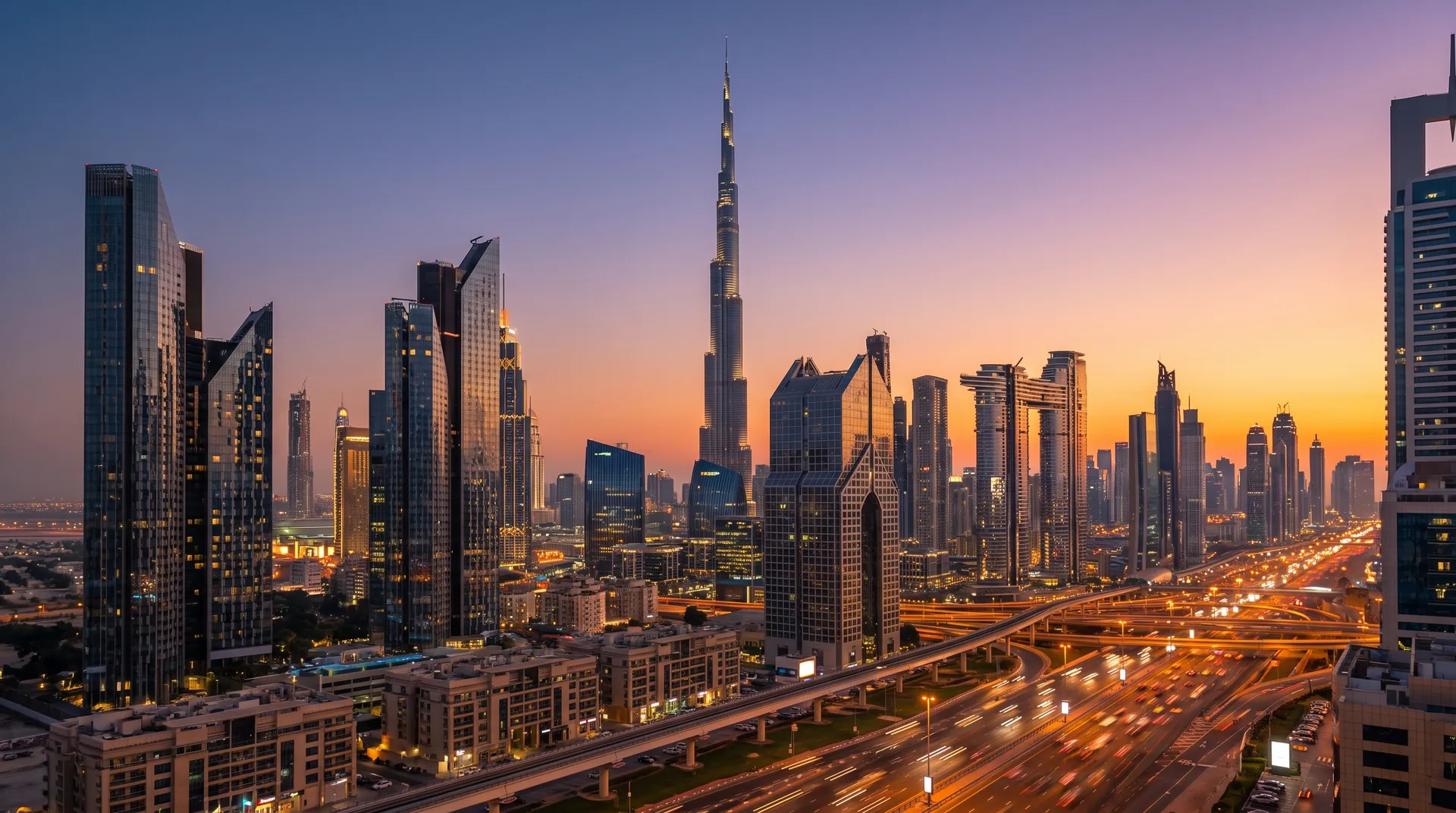 Dubai skyline with Burj Khalifa at dusk