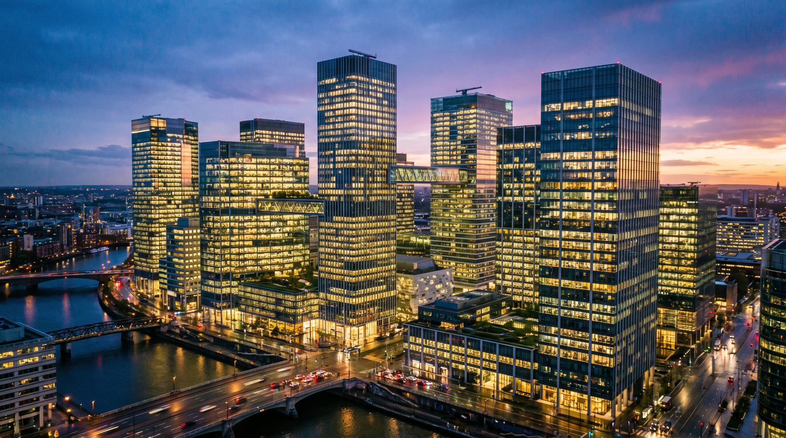 Corporate office towers at dusk