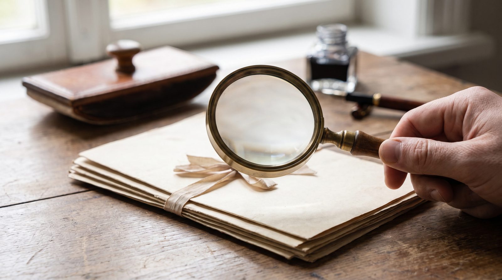 Magnifying glass over old documents