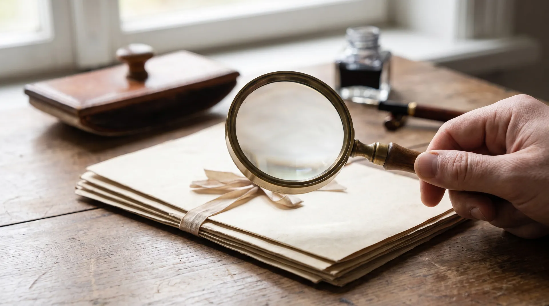 Magnifying glass over old documents