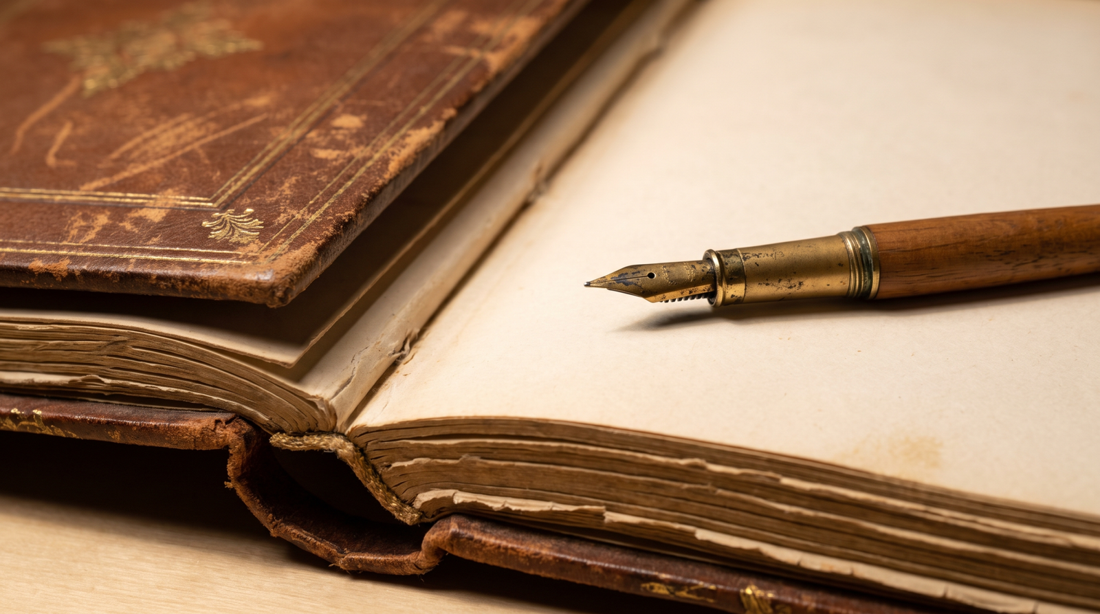 Old family photo album with a fountain pen