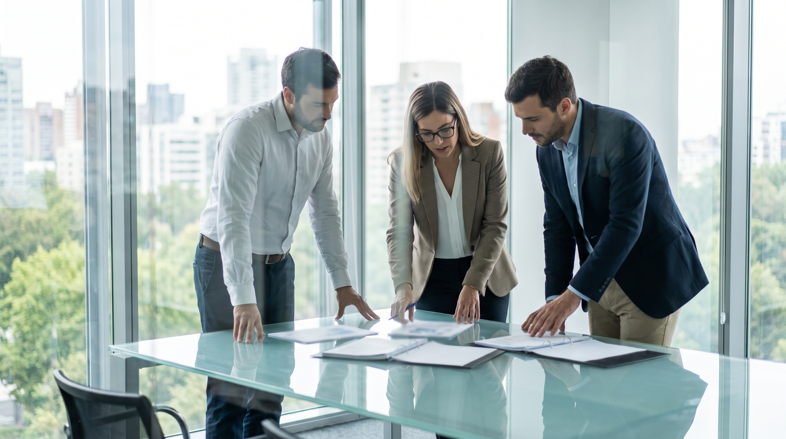 Business people reviewing contracts at a glass table