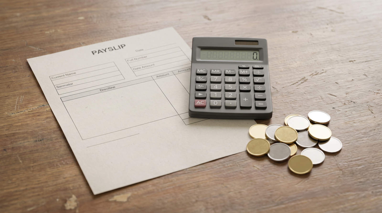 Blank payslip next to a calculator and coins