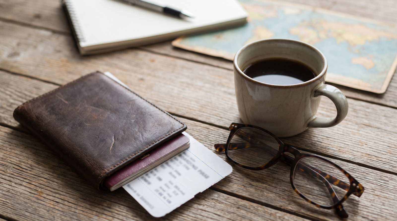 Passport and boarding pass on a desk