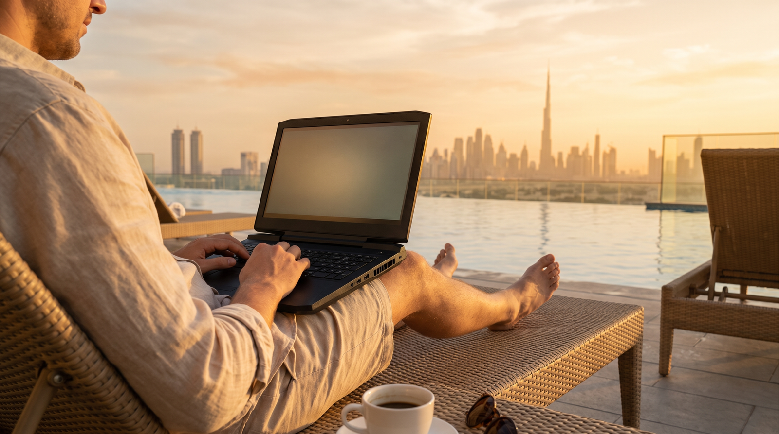 Person working on a laptop poolside with Dubai skyline