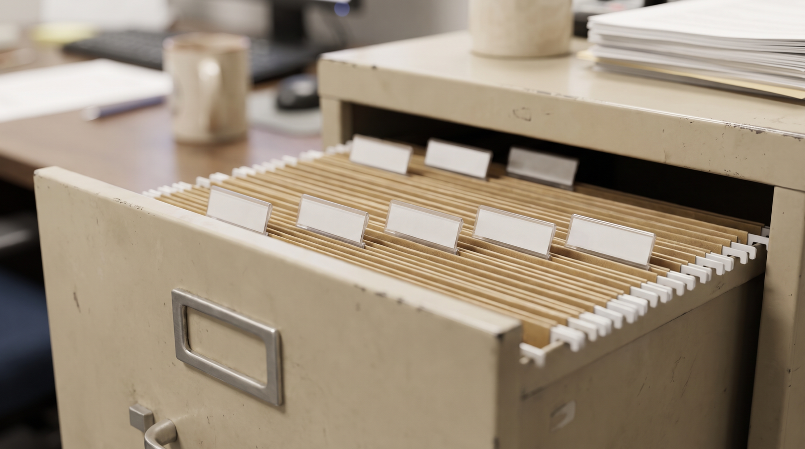 Filing cabinet with organized folders