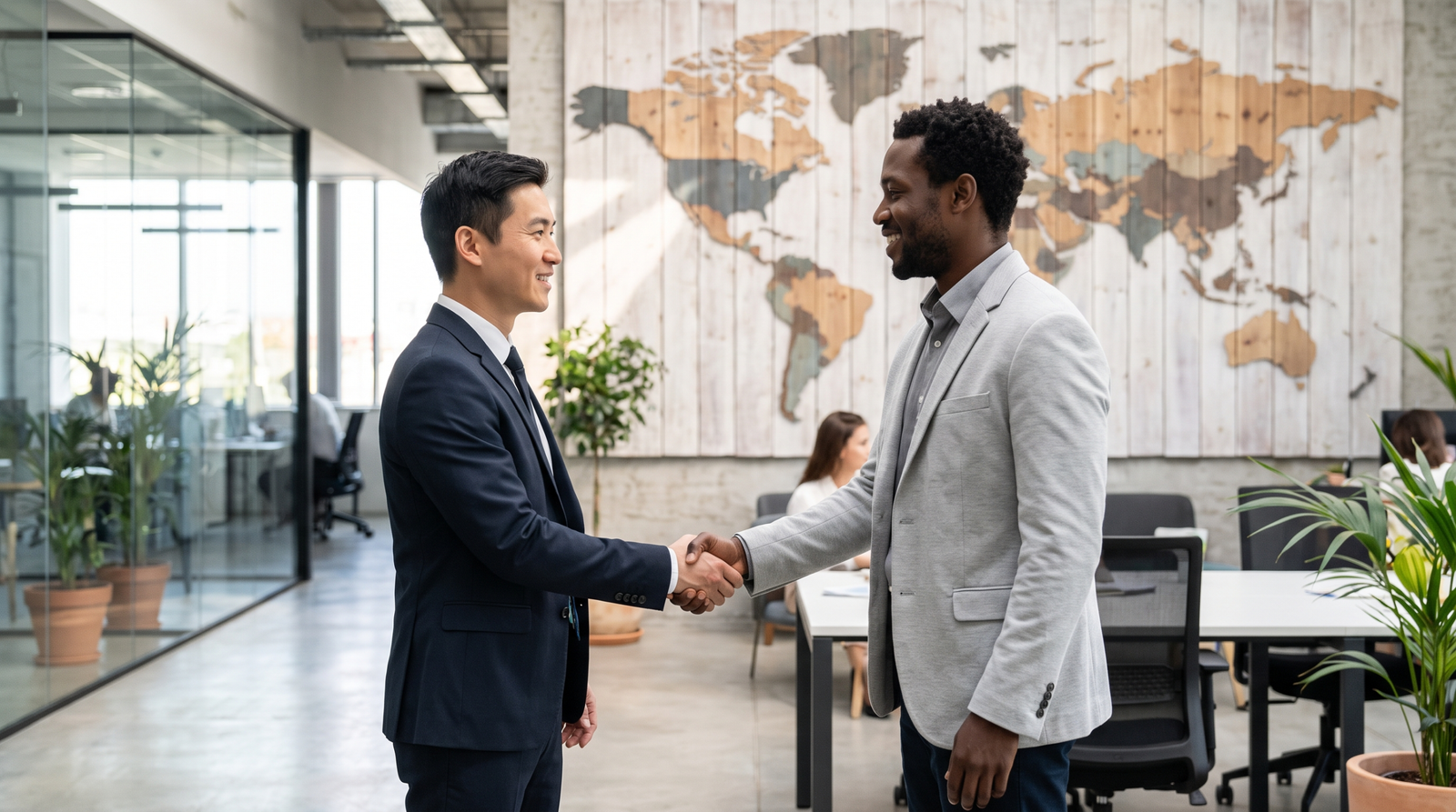 Two executives shaking hands with a world map