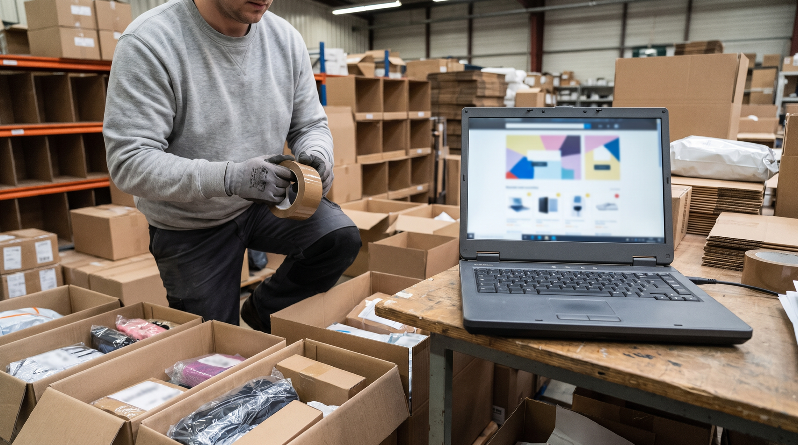 Warehouse worker with laptop showing an online store