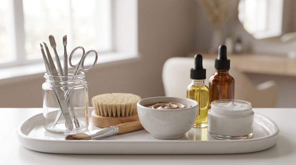 Clean sterilised salon tools and products on a white tray
