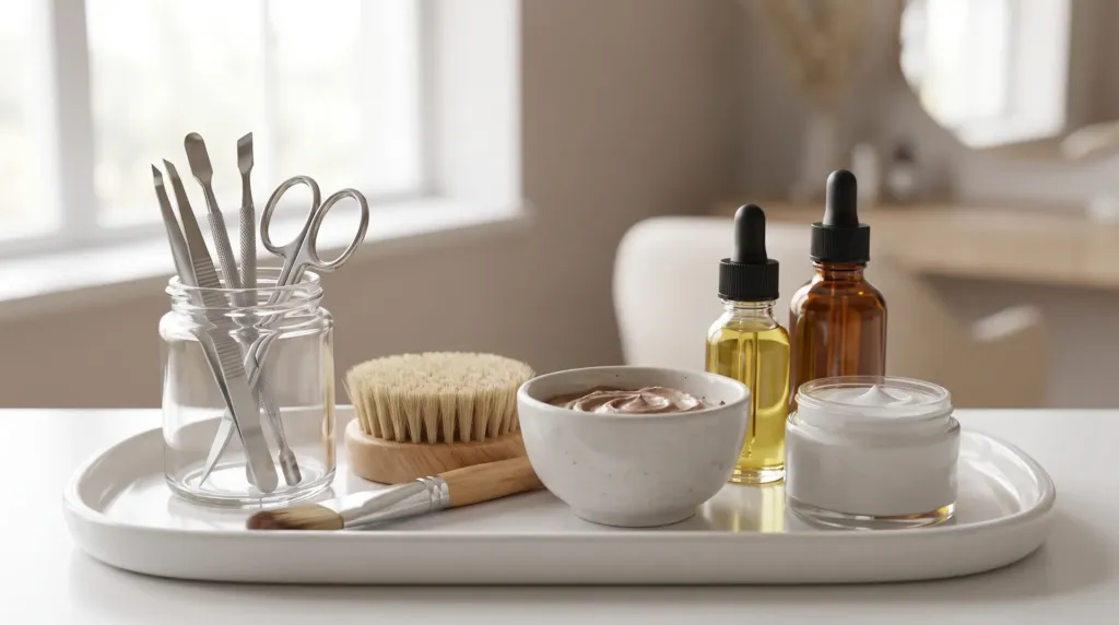 Clean sterilised salon tools and products on a white tray