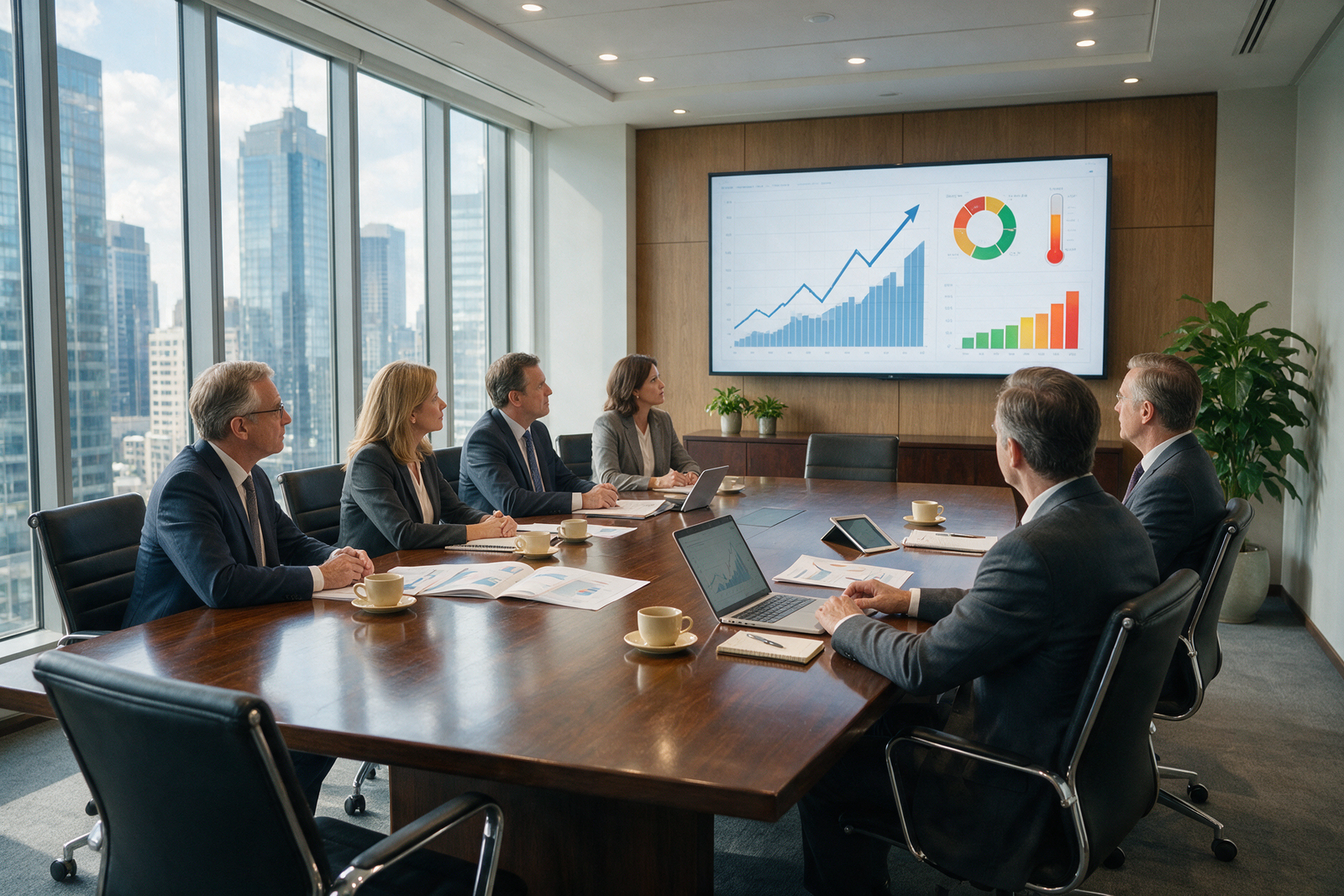 Board room meeting reviewing a risk report