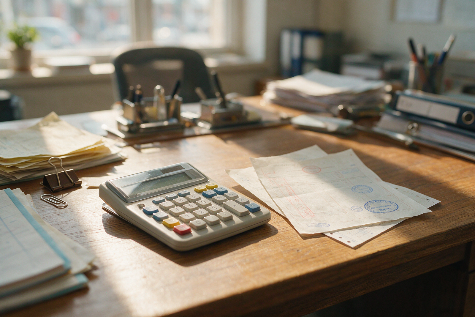 Calculator and VAT invoice documents on a desk