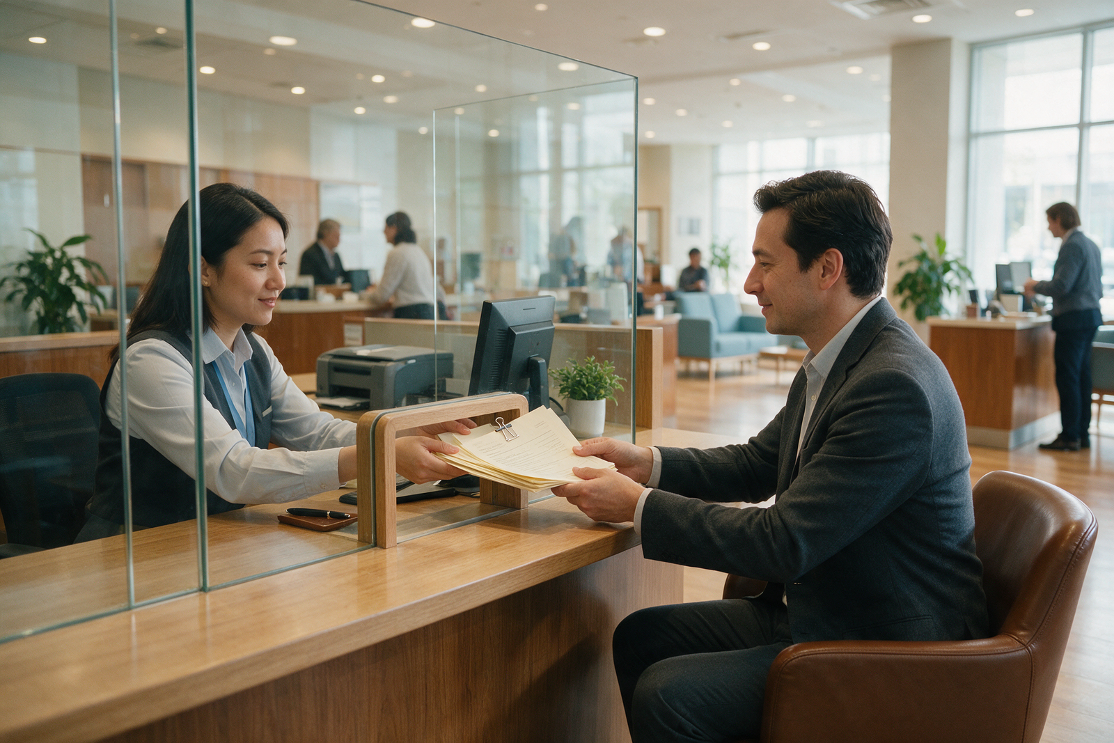 Bank teller handing documents to a business client