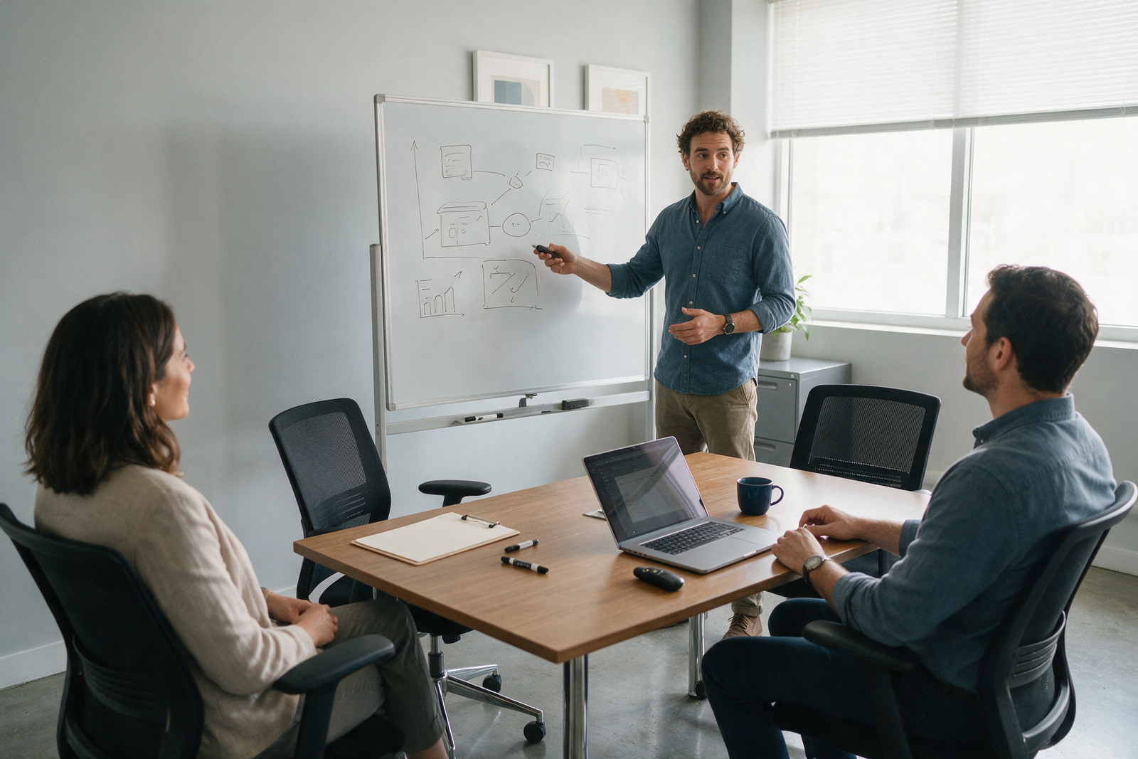 Founder pitching a fintech product idea on a whiteboard