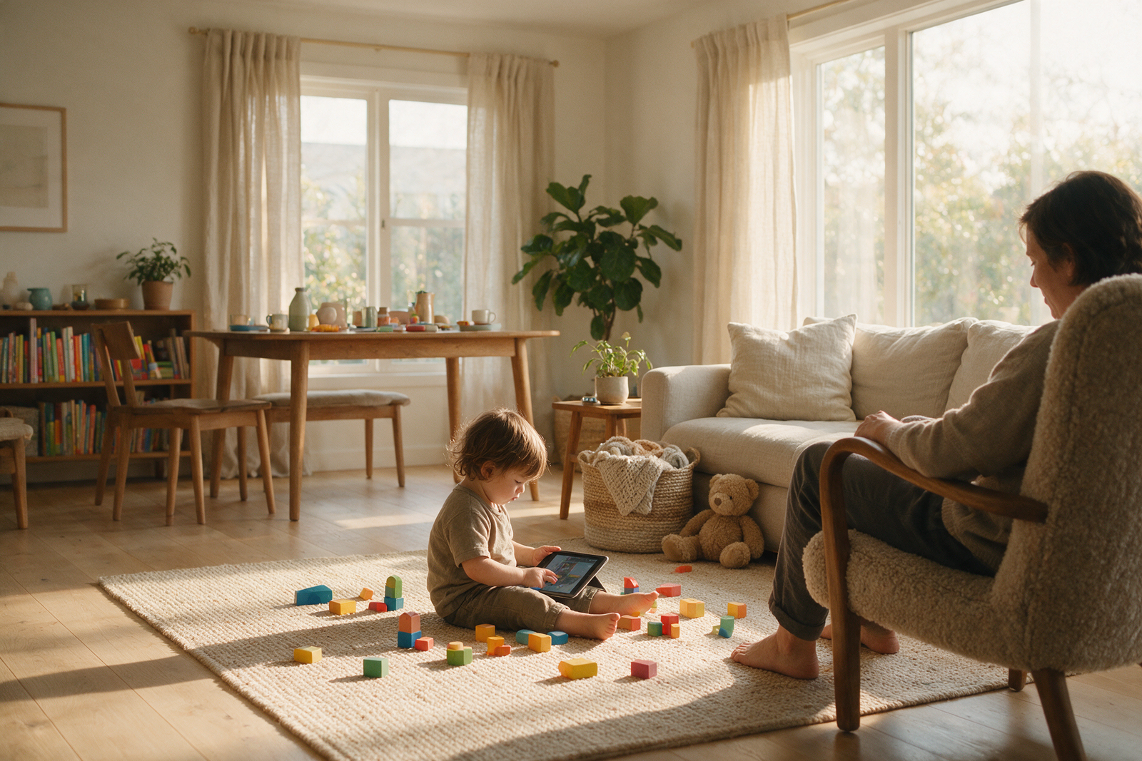 Child using a tablet at home with a parent supervising