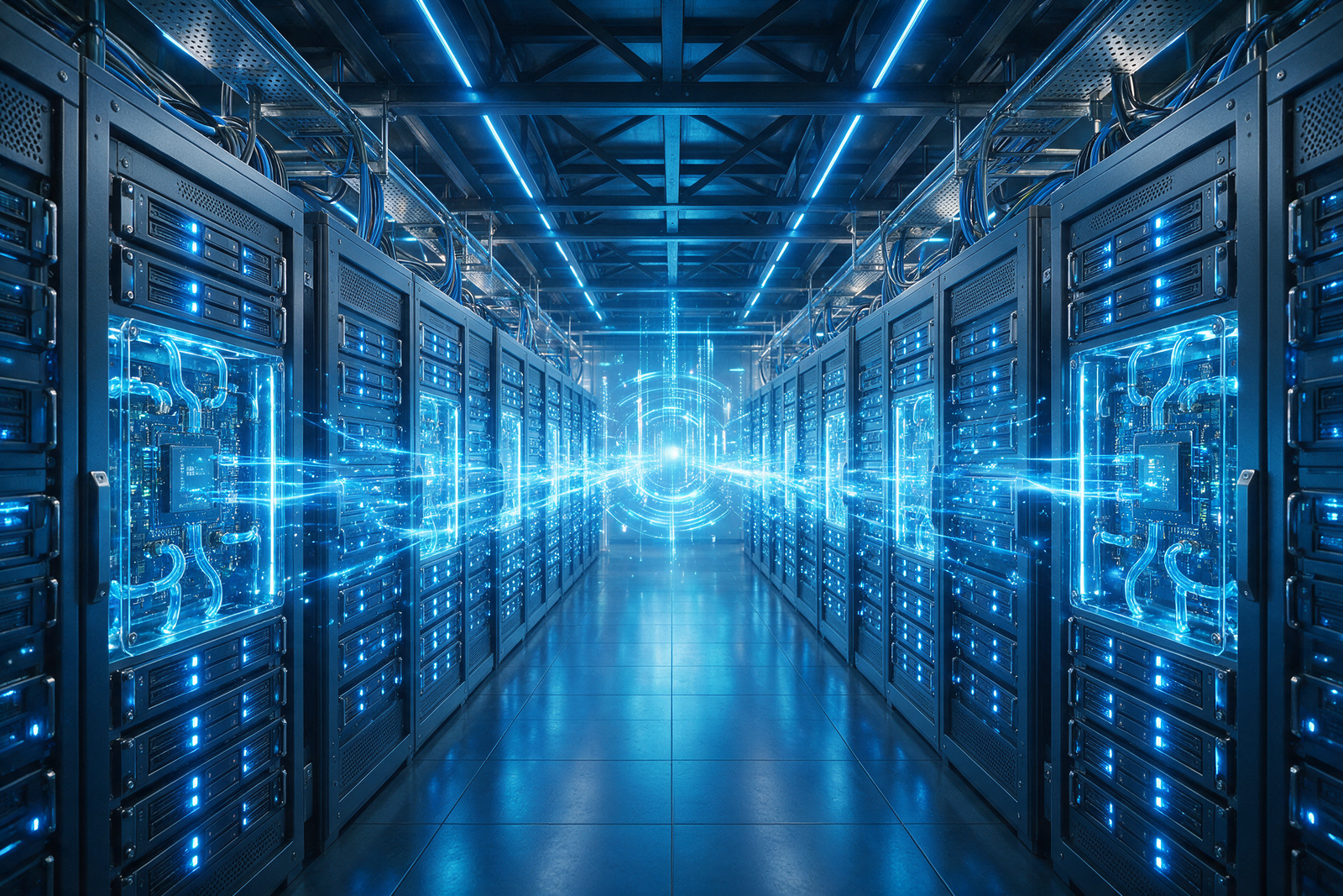 Server room with glowing blue data infrastructure lights
