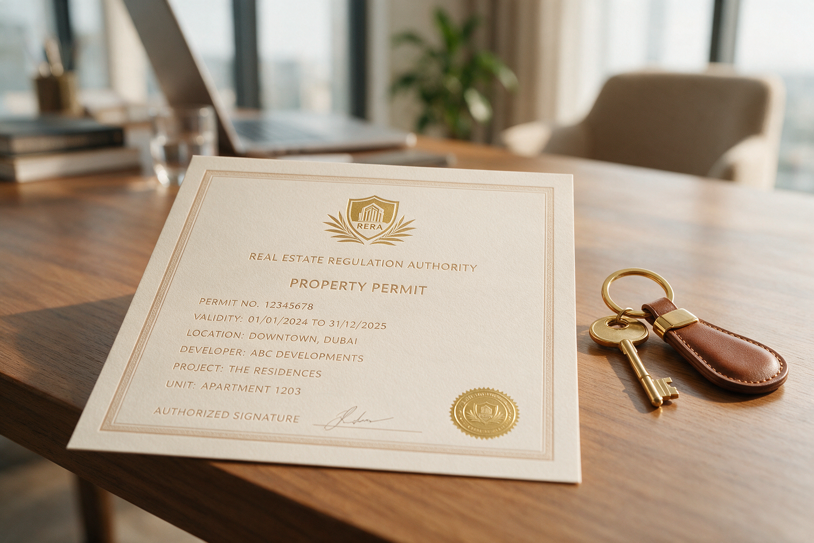 Close-up of a RERA property permit document and house key