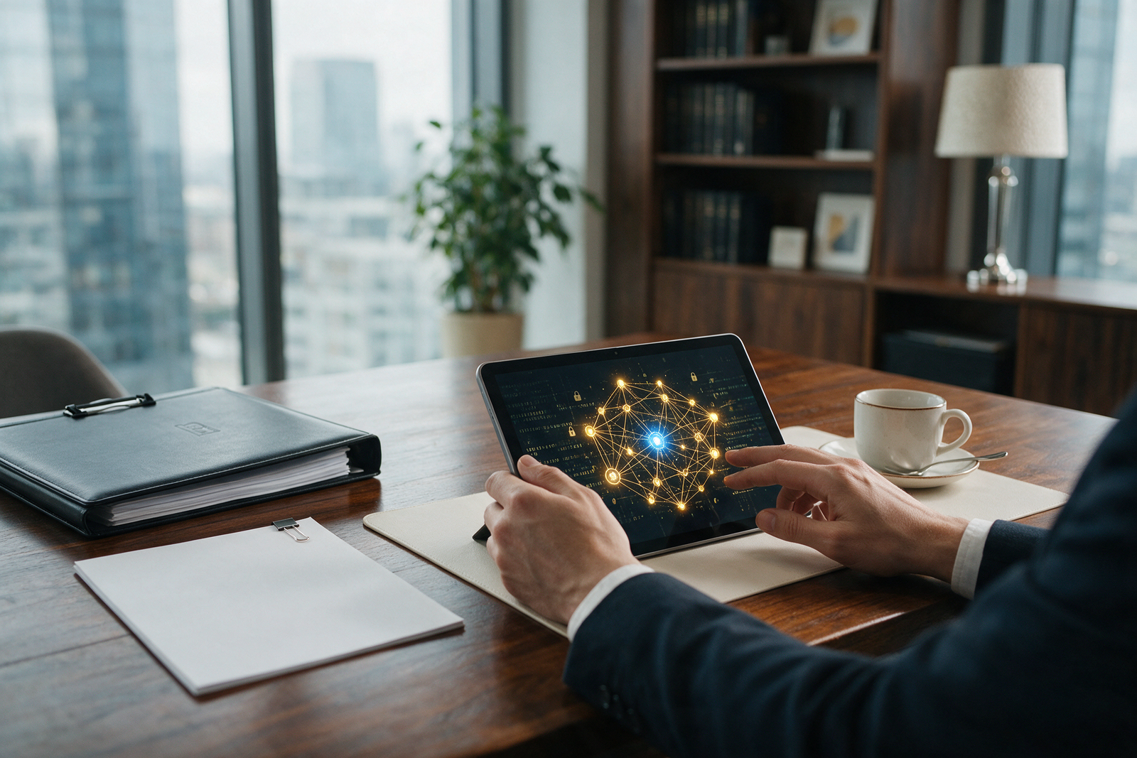 Real estate agent using a tablet for blockchain verification