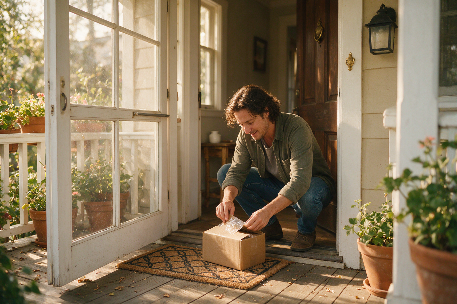 Customer unboxing a small package delivery at home