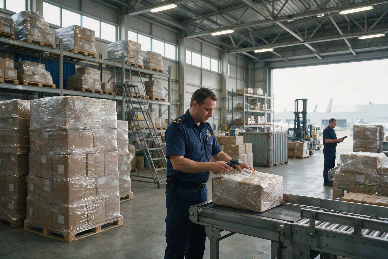 Customs officer scanning a barcode on a parcel