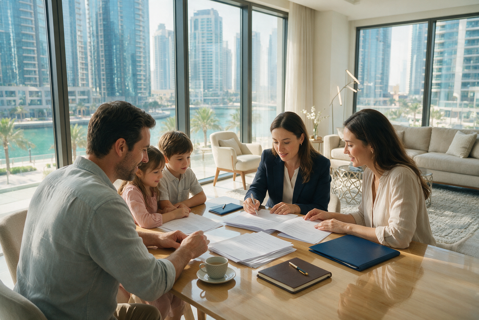 Family signing property purchase documents with a real estate agent