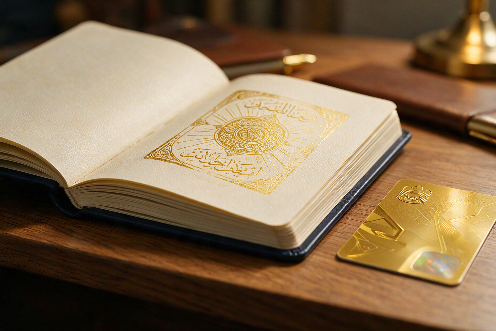 Close-up of a UAE golden visa passport stamp and residency card