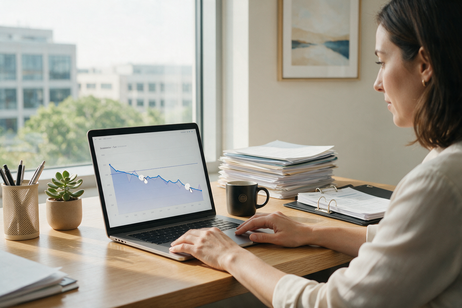 Accountant reviewing a revenue chart below a threshold