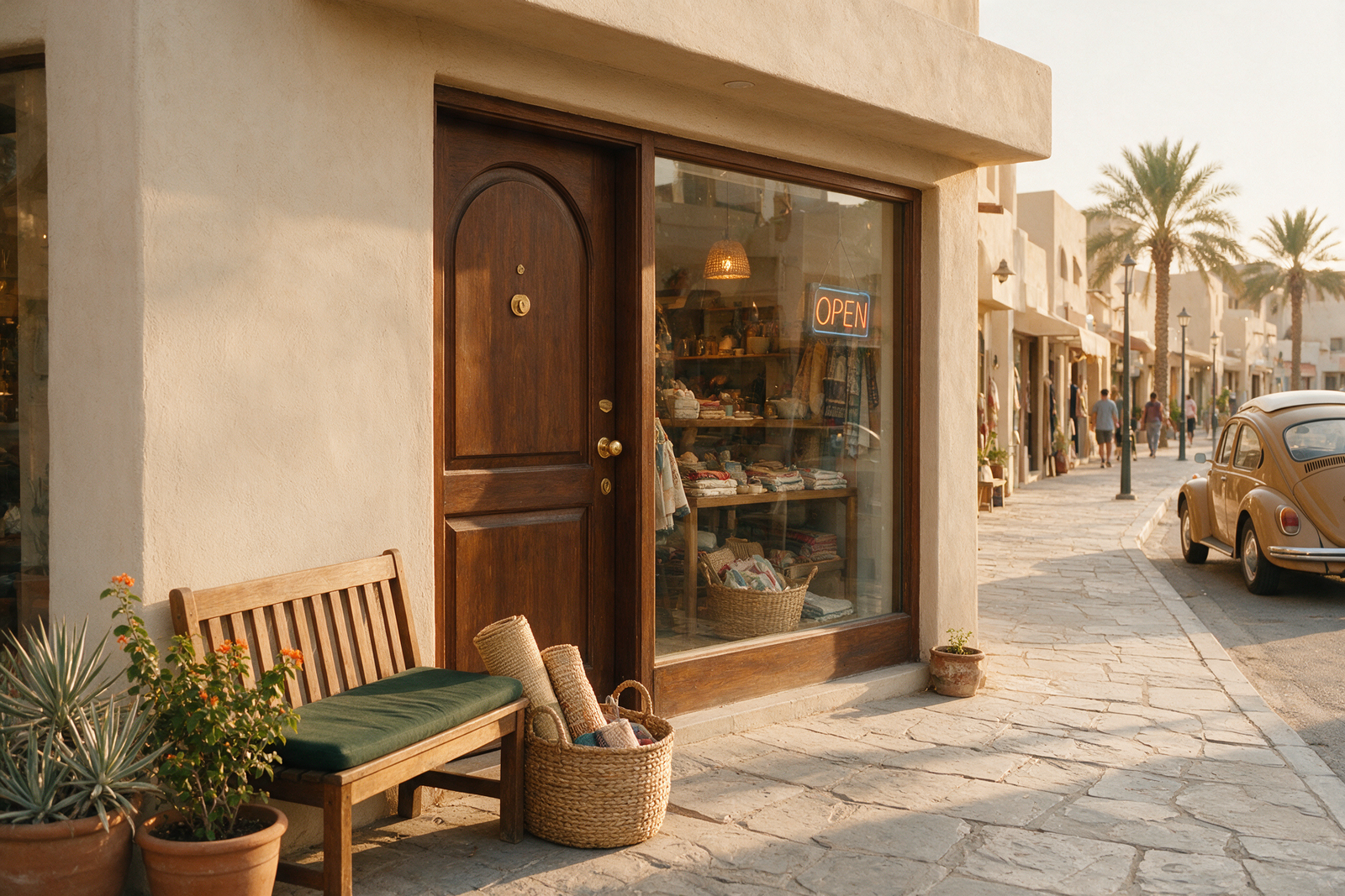 Small UAE retail storefront with an open sign