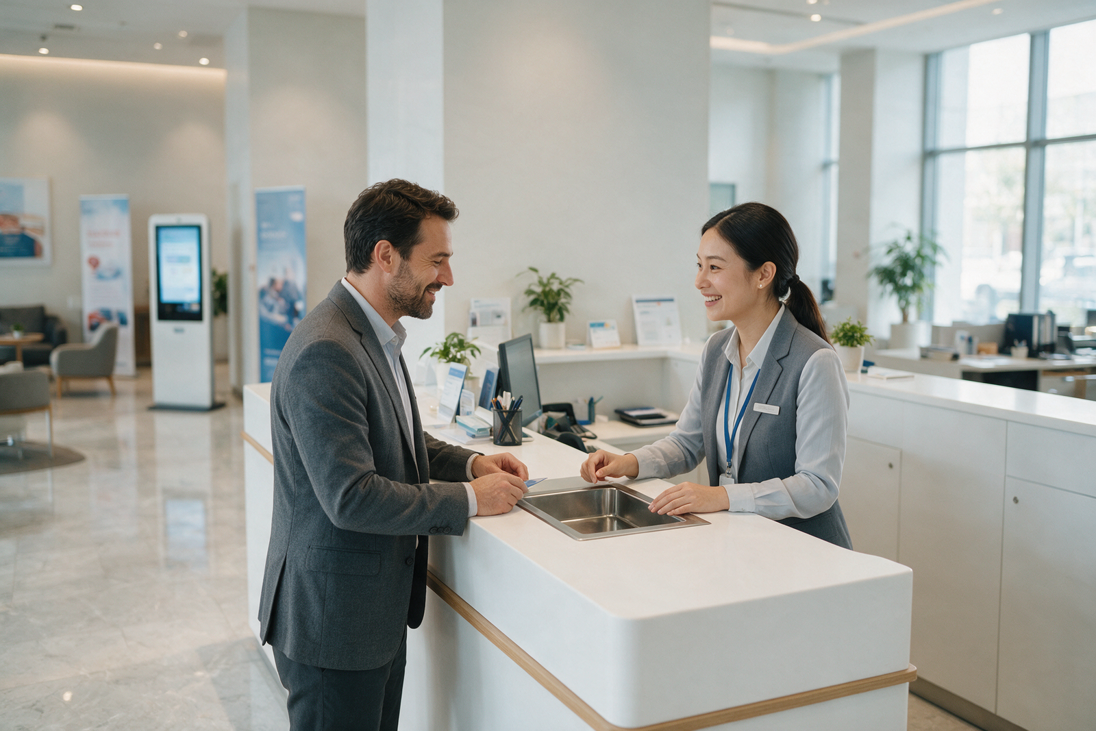 Bank customer service representative helping a business owner